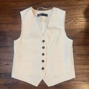 Zara White Linen Blend Tailored Vest Preppy Minimalist Old‎ Money Academia XS